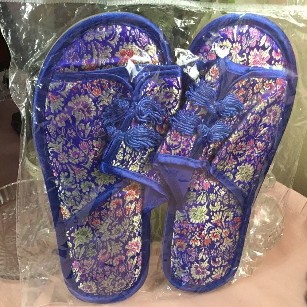 New Women’s Blue Silk Brocade Slippers in Size 38-39
